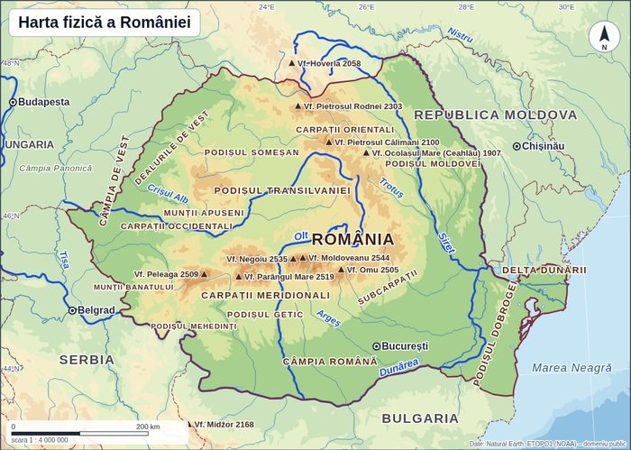 Harta fizică a României desenată de aplicație: relieful în culori, râurile, vârfurile cu altitudinea lor, țările vecine și Marea Neagră, cu nume românești.