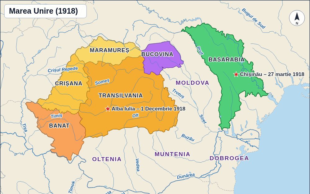 Harta „Marea Unire (1918)” desenată de aplicație: Transilvania, Banatul, Crișana, Maramureșul, Bucovina și Basarabia în culori diferite, cu Alba Iulia – 1 Decembrie 1918 și Chișinău – 27 martie 1918 marcate cu stele, cu râurile și cu regiunile istorice ale României.