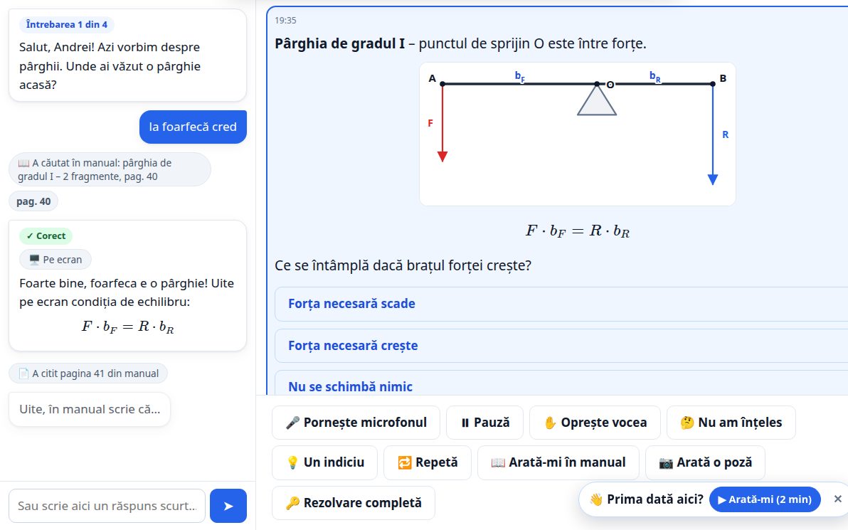 O lecție vorbită despre pârghii. În stânga, conversația: asistentul îl întreabă pe Andrei unde a văzut o pârghie acasă, el răspunde „la foarfecă cred”, aplicația caută în manual la pagina 40, iar asistentul confirmă și scrie condiția de echilibru. În dreapta, tabla: desenul unei pârghii de gradul I cu forțele F și R, formula echilibrului și trei variante de răspuns. Jos, butoanele lecției: Pornește microfonul, Pauză, Oprește vocea, Nu am înțeles, Un indiciu, Repetă, Arată-mi în manual, Arată o poză și Rezolvare completă.