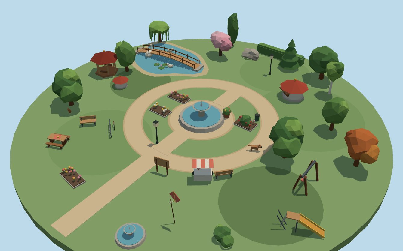 Un parc în 3D, privit de sus: o fântână în mijloc, alei, un iaz cu un pod, un foișor, bănci, felinare, straturi cu flori, un chioșc, un leagăn, un tobogan și copaci de mai multe feluri.