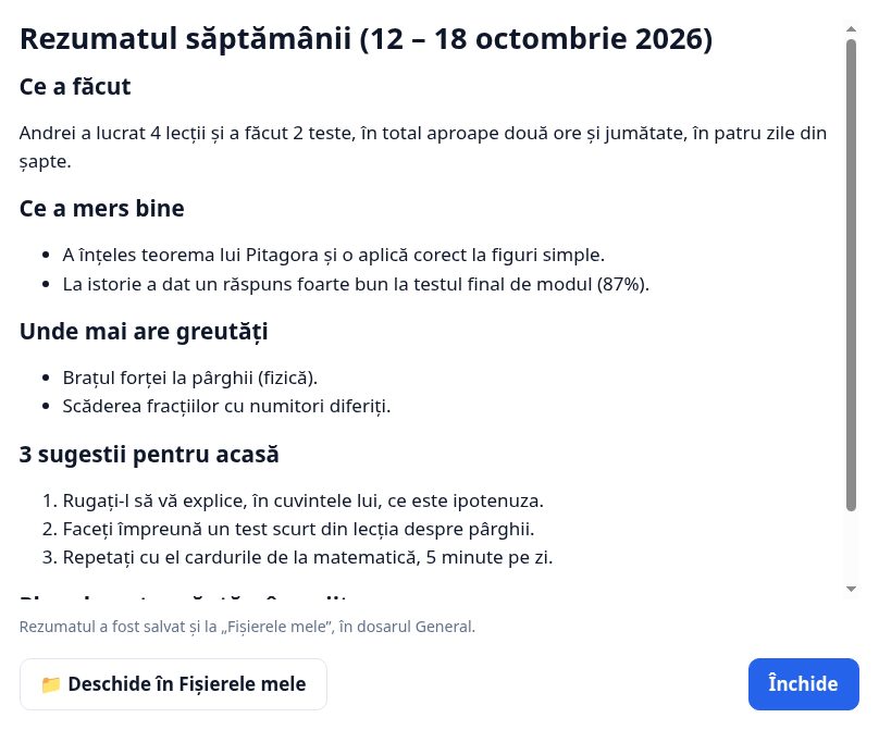 Rezumatul săptămânii 12–18 octombrie 2026, scris de asistent pentru părinte: ce a făcut Andrei (4 lecții și 2 teste), ce a mers bine, unde mai are greutăți și trei sugestii pentru acasă.