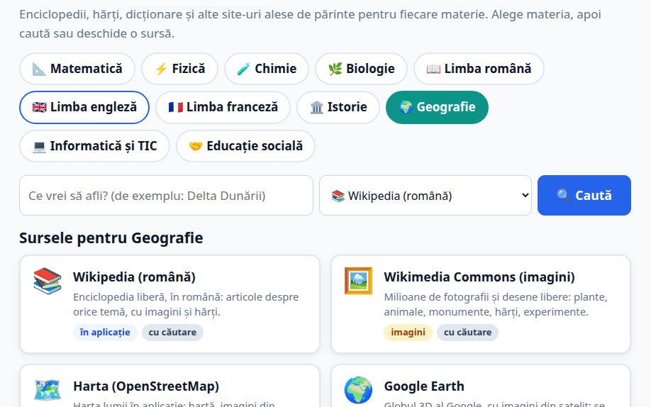 Ecranul „Surse online”: materiile ca etichete, cu Geografie aleasă, o căutare în Wikipedia în română și sursele pentru Geografie: Wikipedia, Wikimedia Commons cu imagini, harta OpenStreetMap și Google Earth.