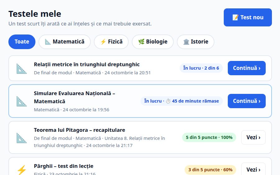 Lista „Testele mele”: un test de final de modul la matematică, în lucru; o simulare a Evaluării Naționale la matematică, în lucru, cu 45 de minute rămase; un test de recapitulare terminat, cu 5 din 5 puncte.
